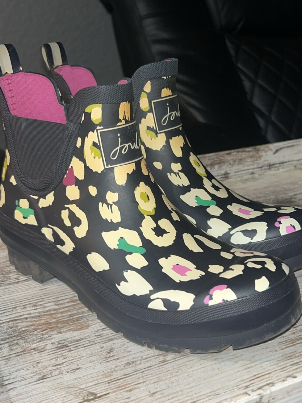 Joules Black Leopard-Print Chelsea Rain Boots with Pink & Green Accents